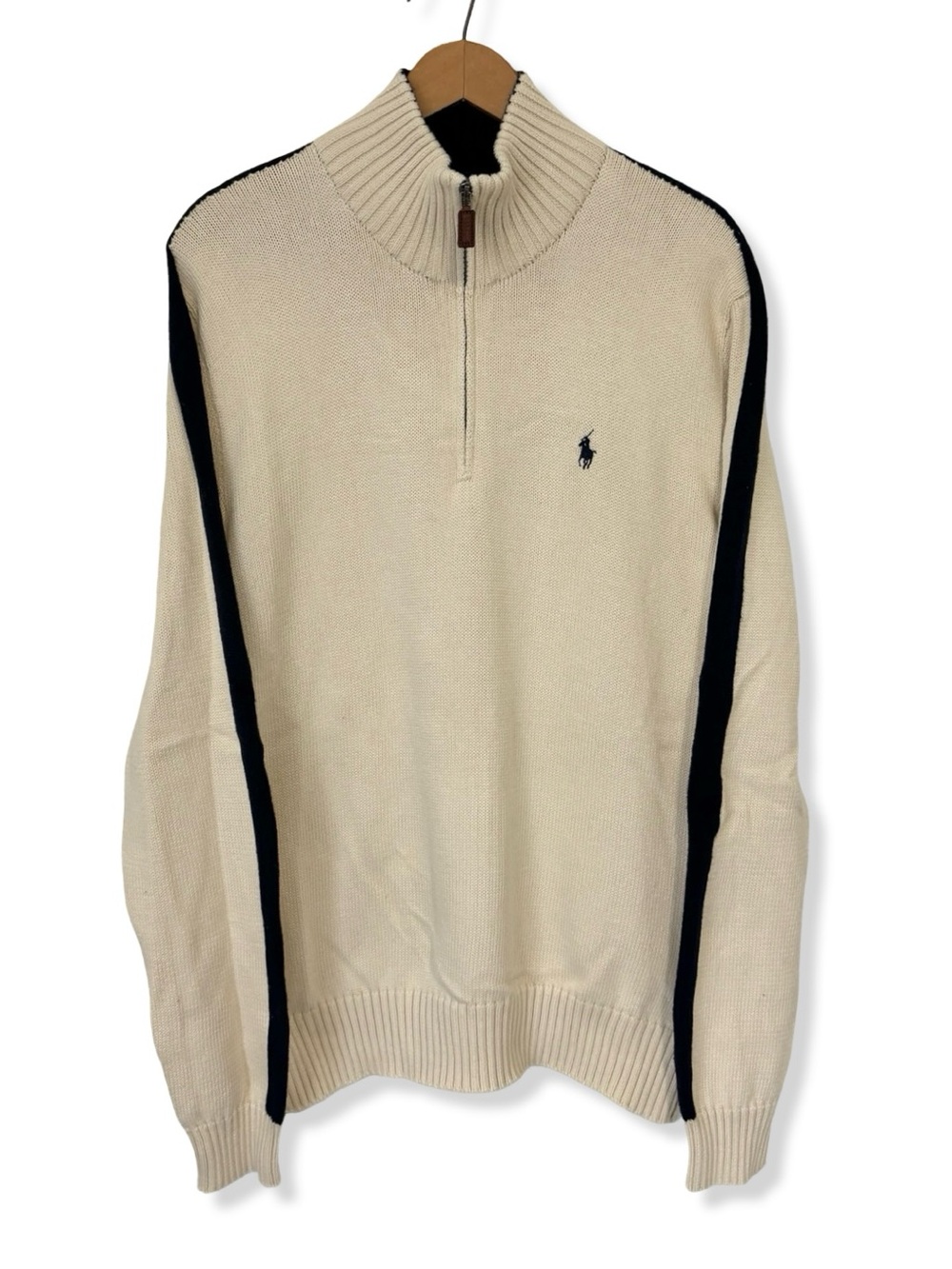 Vintage Polo Ralph Lauren Cream Quarter Zip Knit Sweater with Navy Stripes